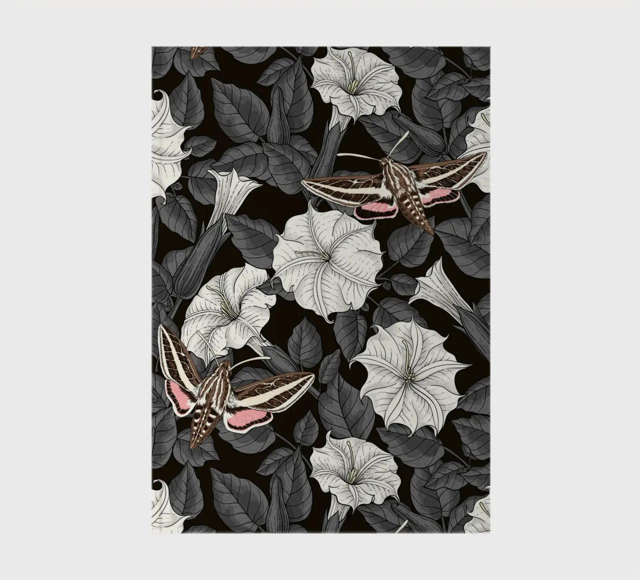 Moonflowers and sphinx moths in gray and white notebook by Painted Nature