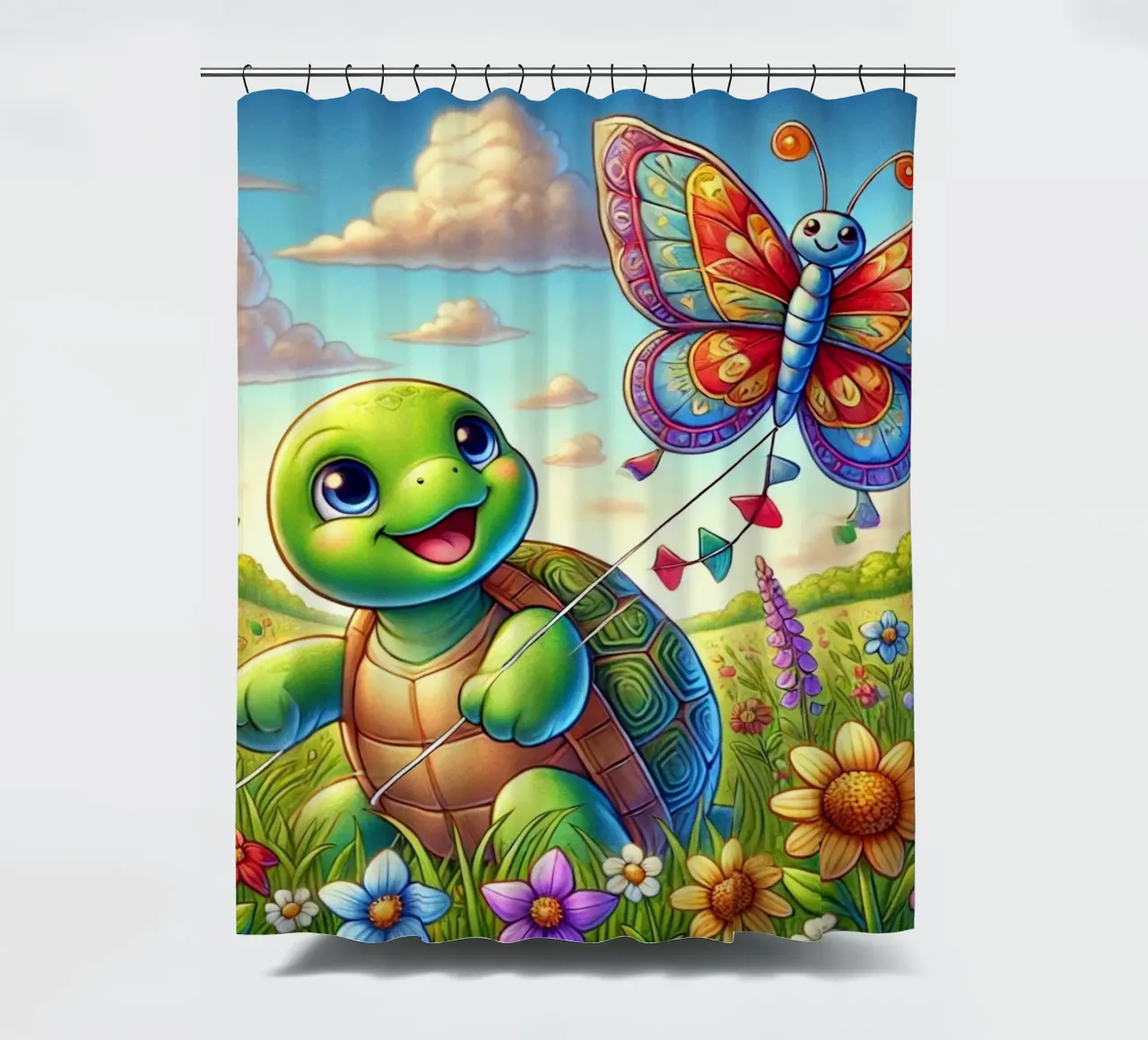 Aquilone gioioso con tartaruga e farfalla tenda da doccia da FluffyToons