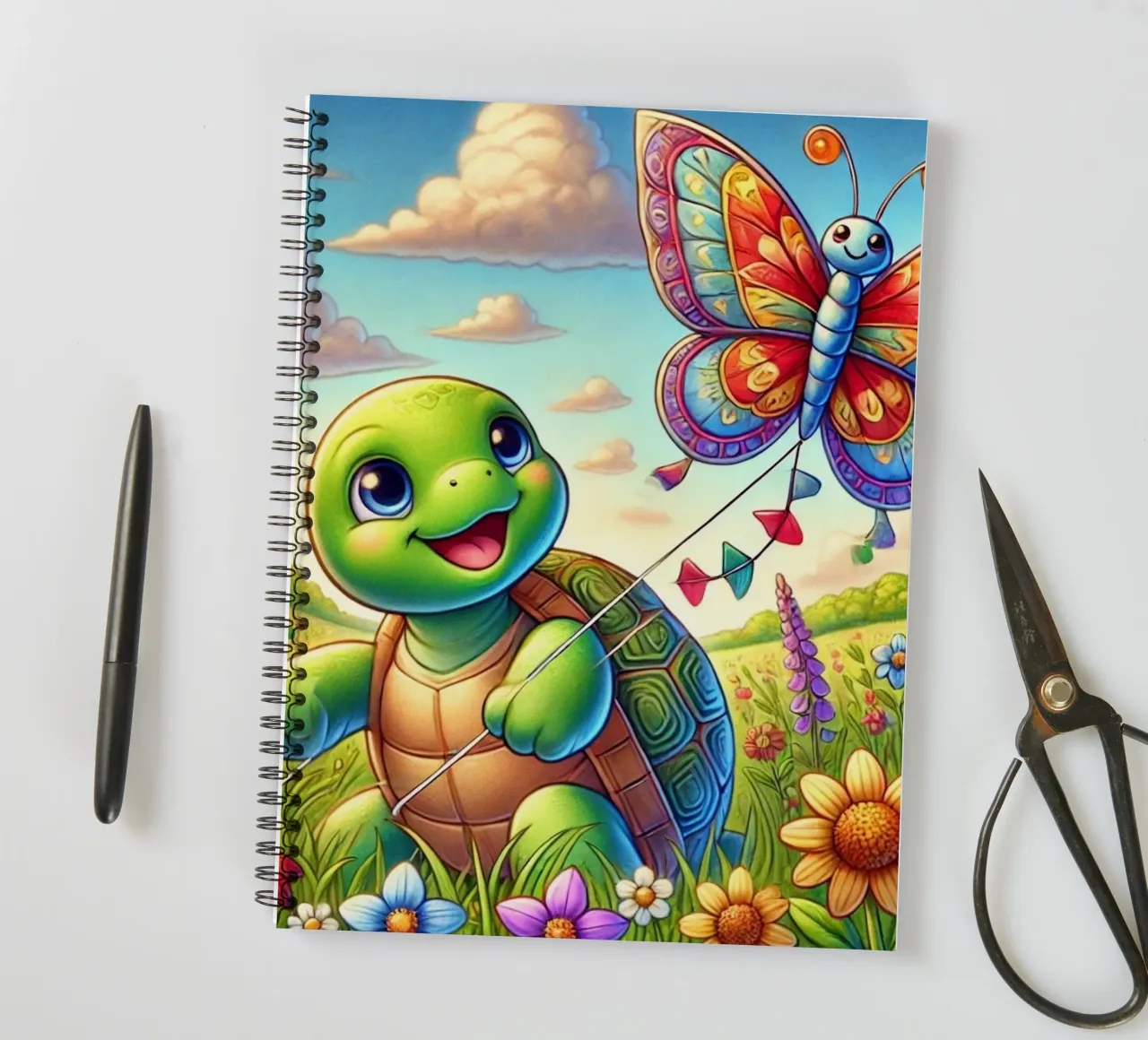 Joyful Turtle and Butterfly Kite spiral notebook by FluffyToons
