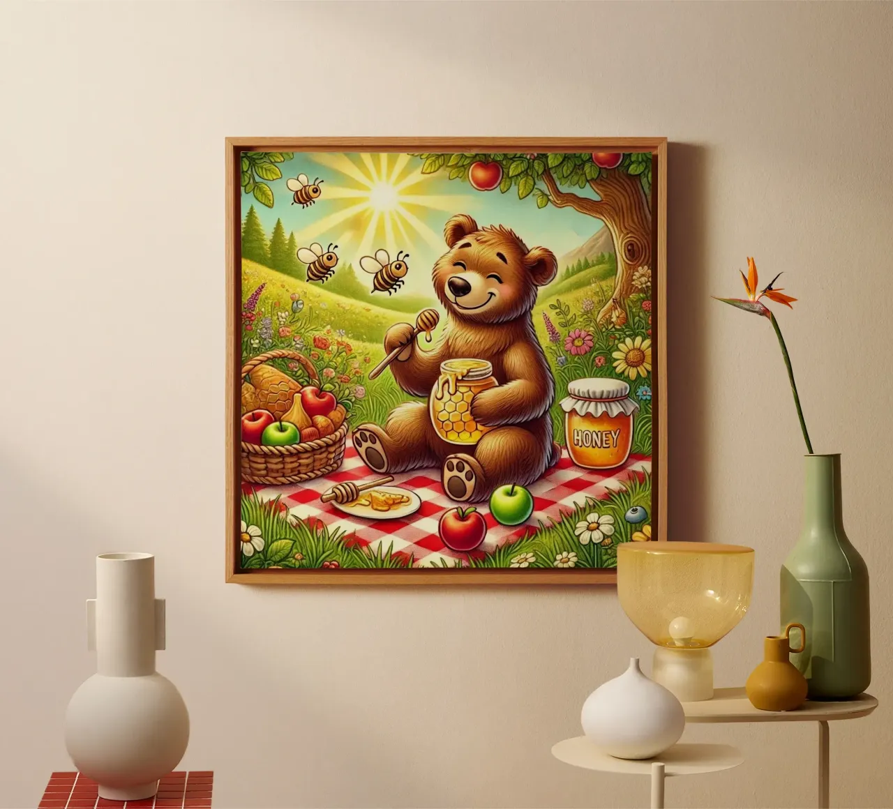 Picknick-Glück: Das Festmahl des Honigbären Leinwand mit Schattenfugenrahmen von FluffyToons