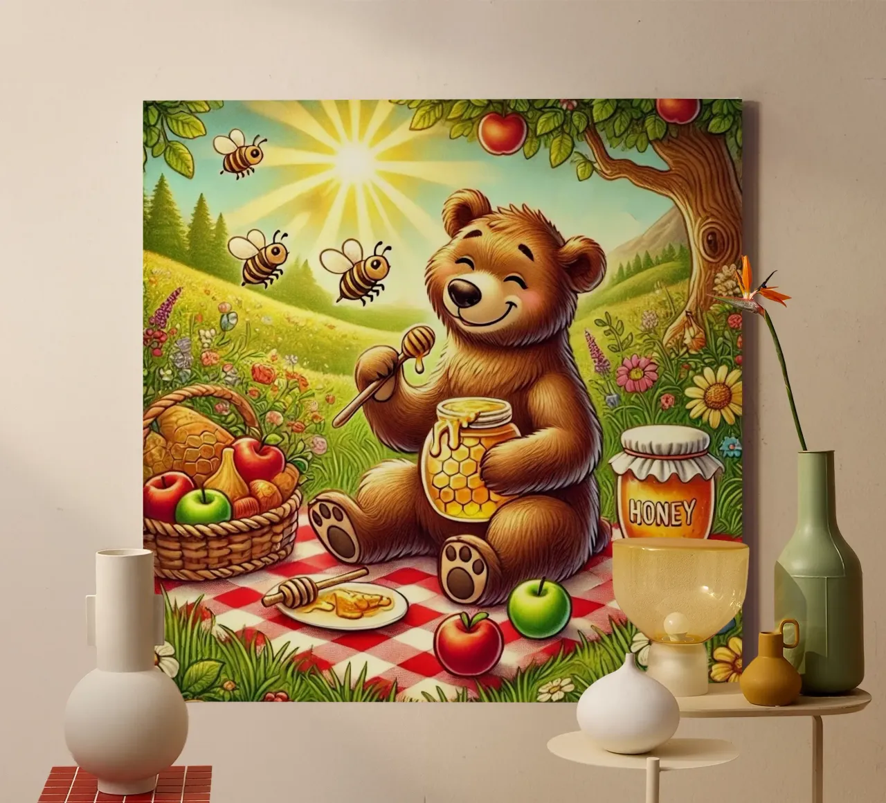Picknick-Glück: Das Festmahl des Honigbären Leinwand mit Schattenfugenrahmen von FluffyToons