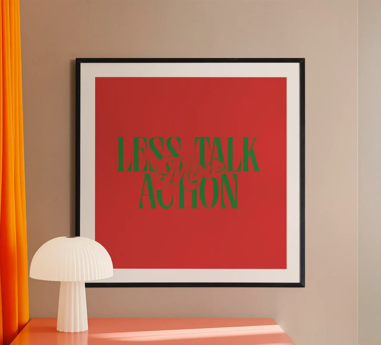 Moins de paroles, plus d'action - Motivation Typography Art poster avec cadre en aluminium de inspirational quote