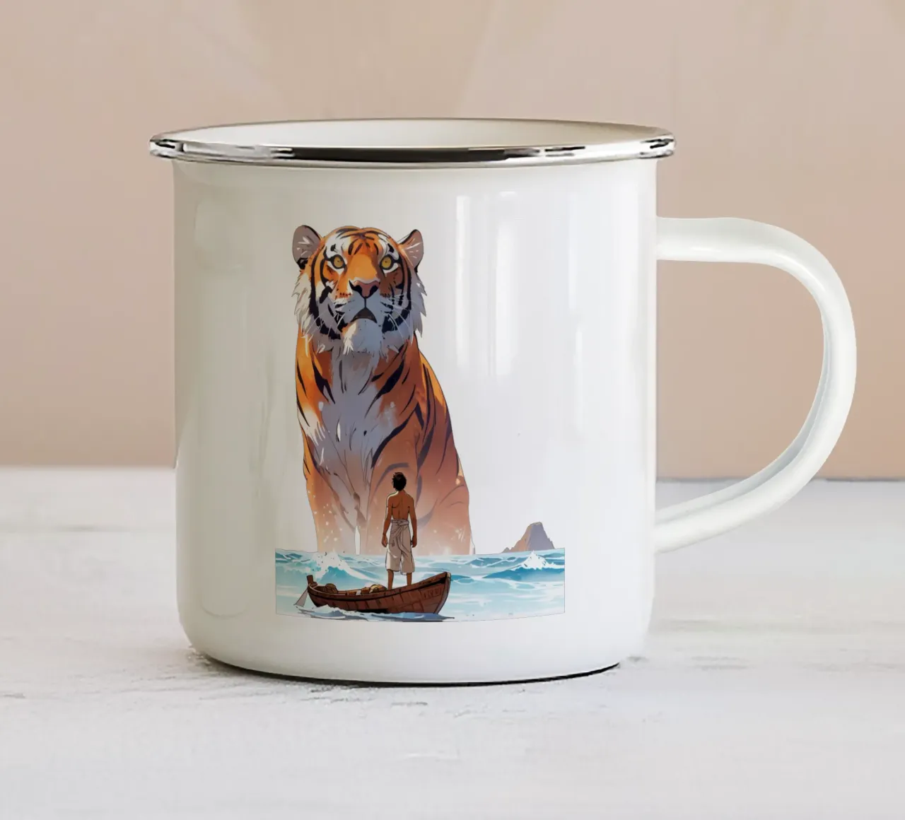 Sopravvivenza in mare - Illustrazione dell'uomo e della tigre tazza in smalto da NEKKI