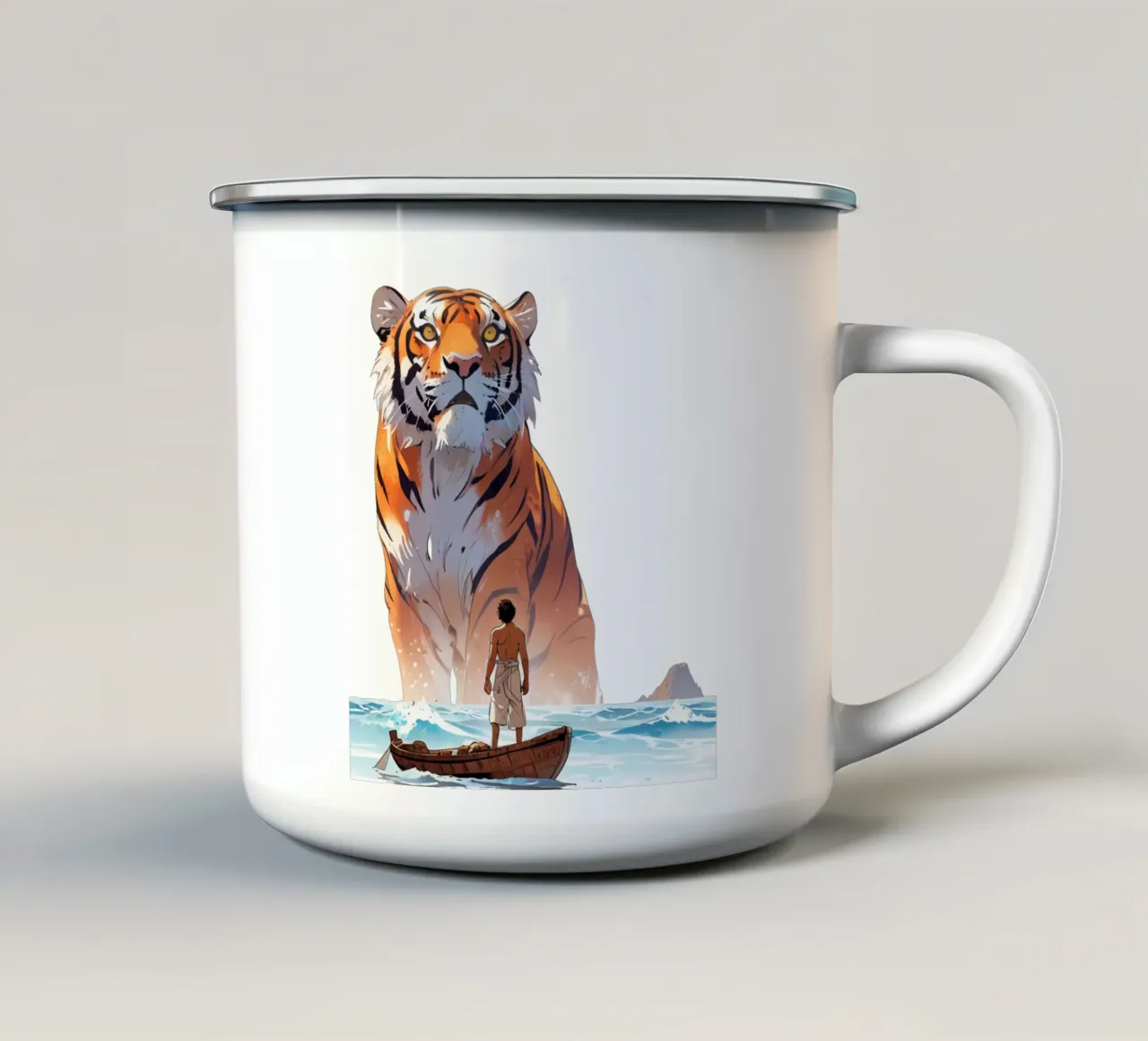 Sopravvivenza in mare - Illustrazione dell'uomo e della tigre tazza in smalto da NEKKI