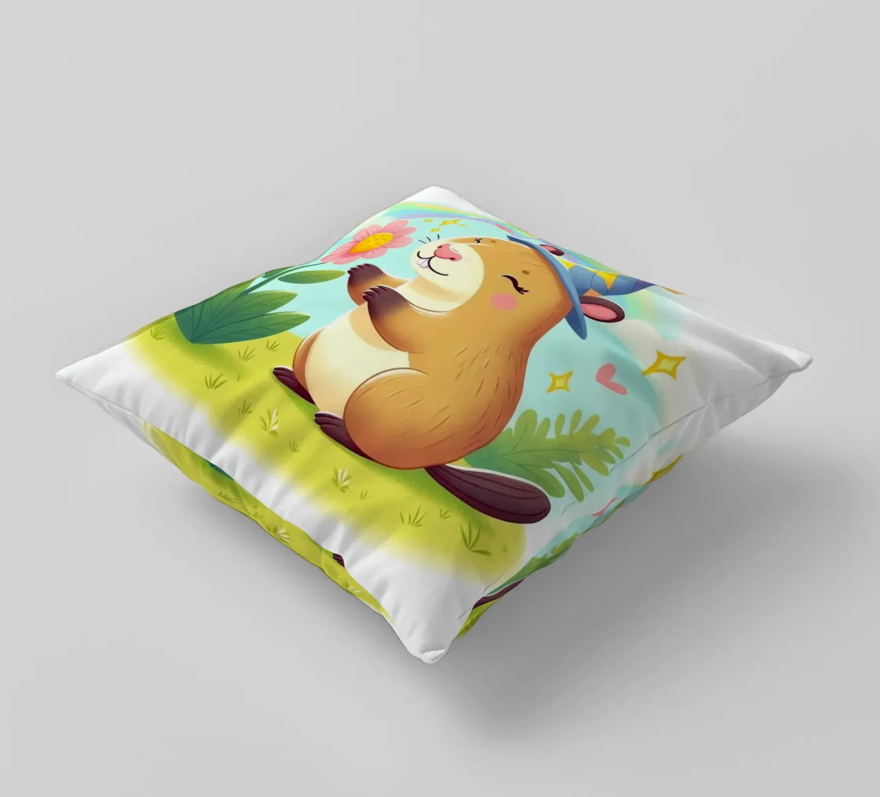Castoro felice con fiore cuscino da FluffyToons