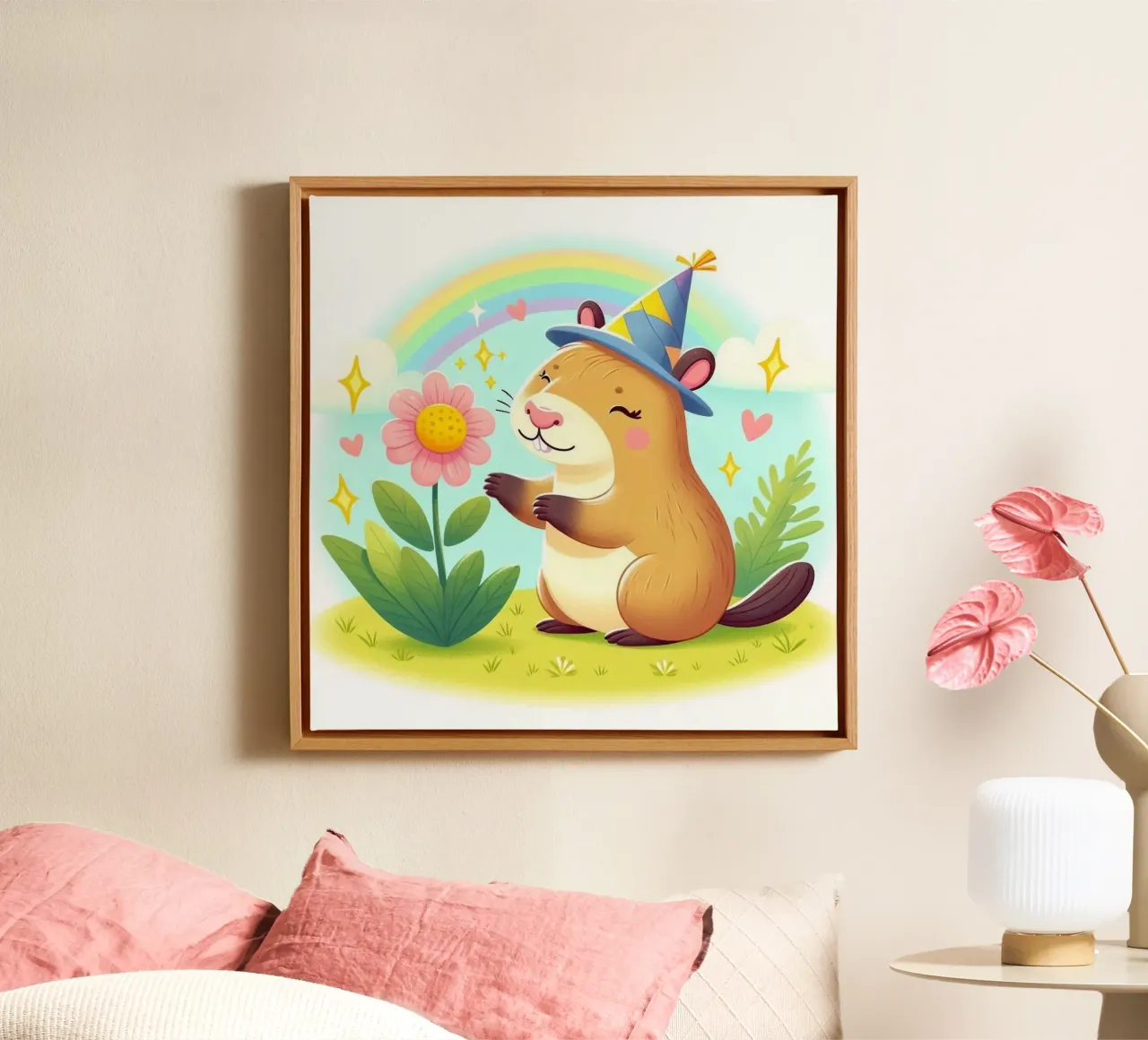 Castoro felice con fiore tela con Cornice a cassetta da FluffyToons