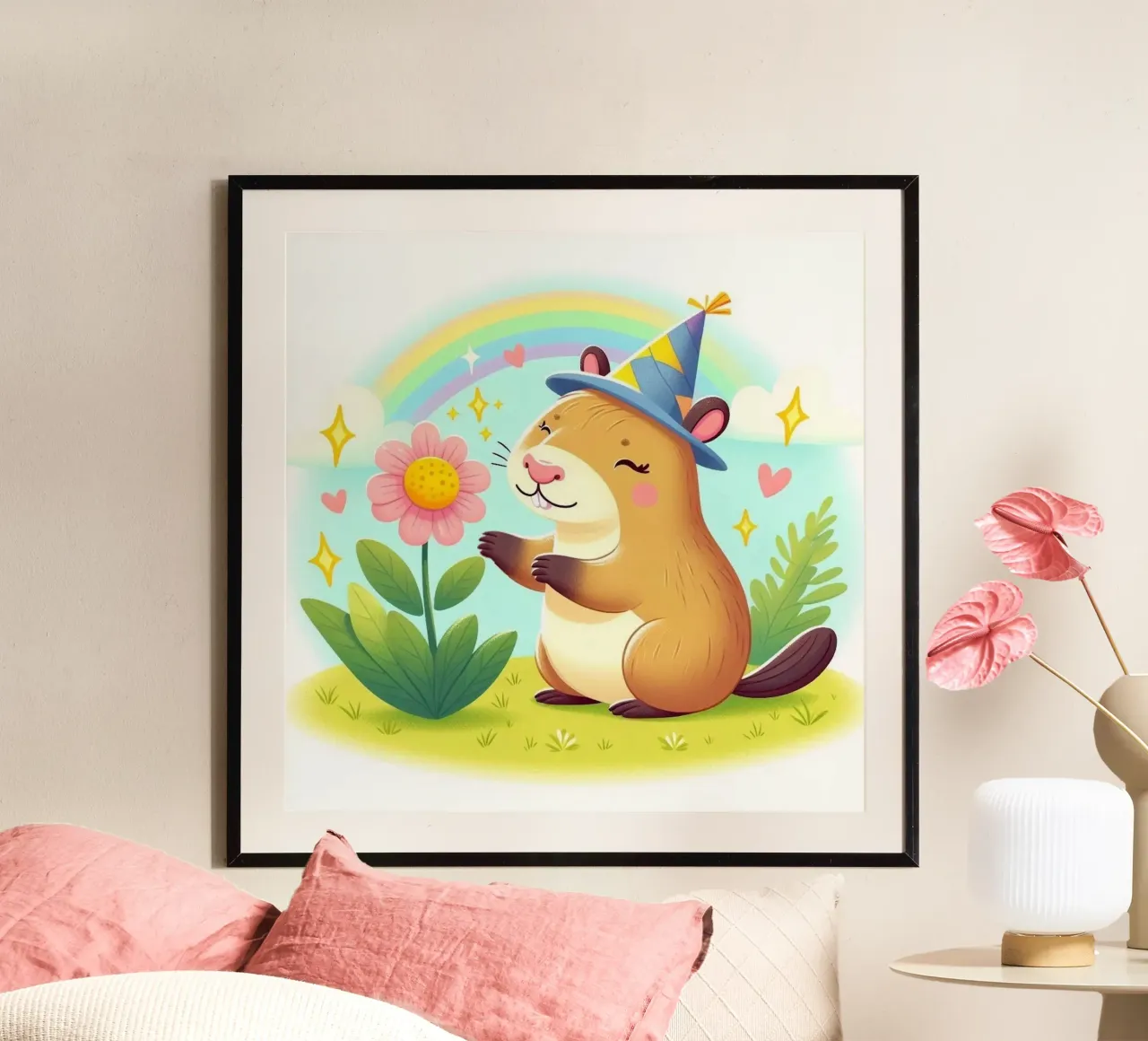 Castoro felice con fiore carta hahnemühle da FluffyToons