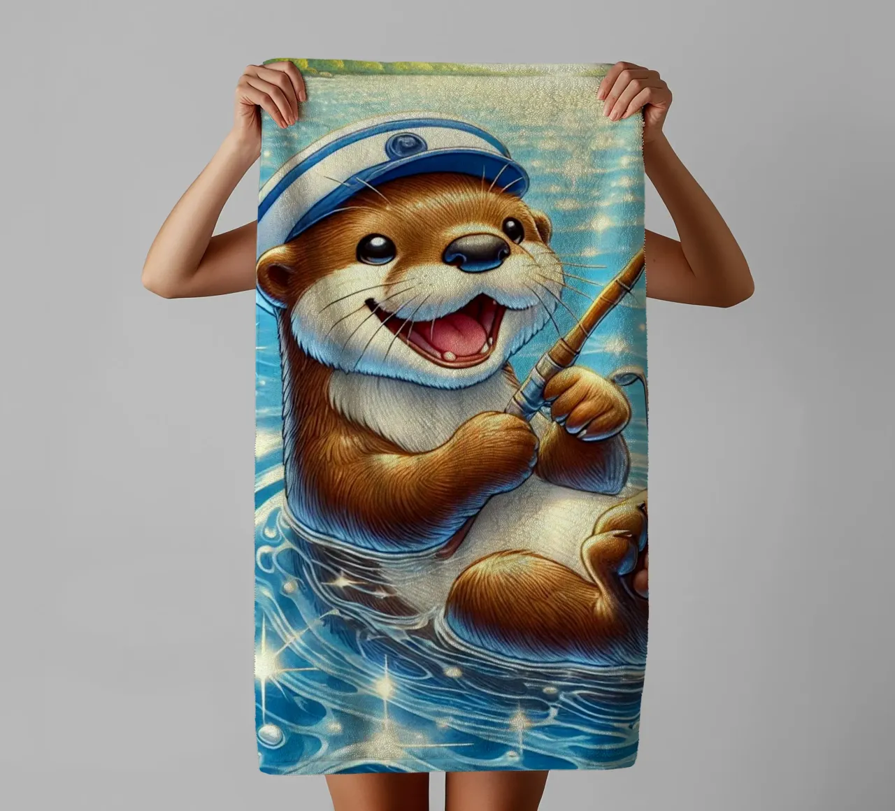 Joyful Otter with Golden Catch towel by FluffyToons