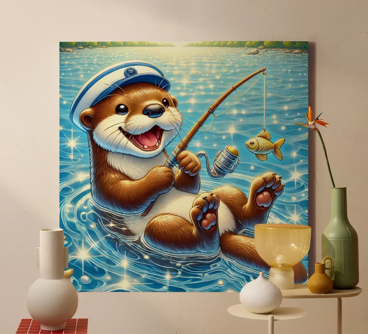 Joyful Otter with Golden Catch canvas with Floater frame by FluffyToons