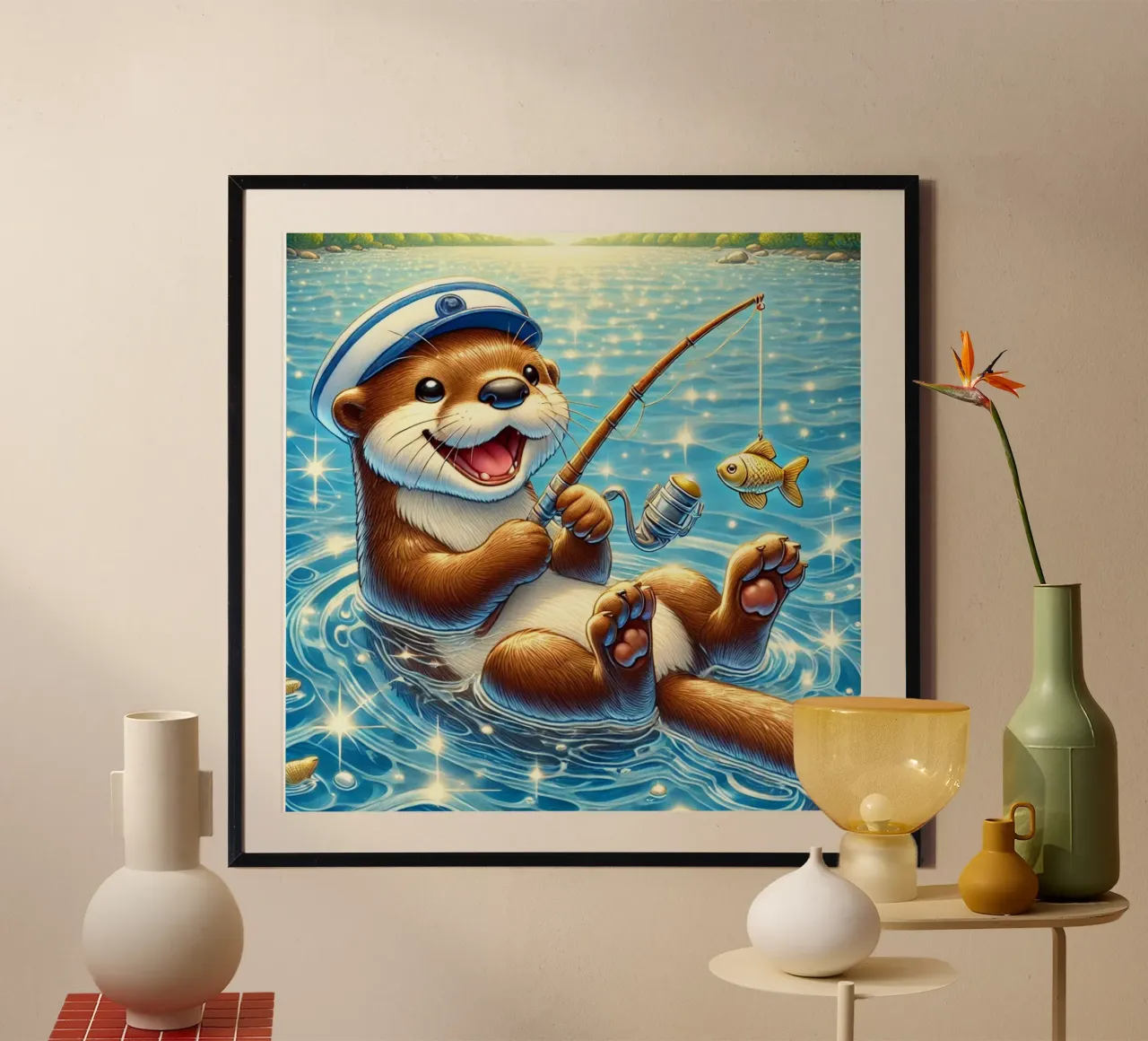 Lontra gioiosa con cattura d'oro poster con telaio in alluminio da FluffyToons