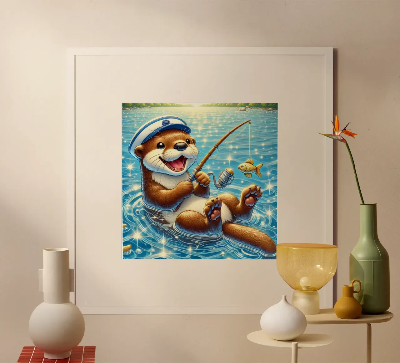 Lontra gioiosa con cattura d'oro poster con telaio in alluminio da FluffyToons