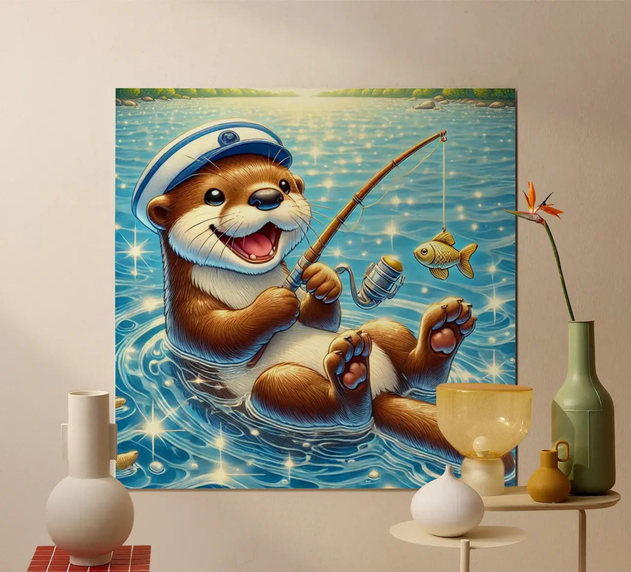 Lontra gioiosa con cattura d'oro poster con telaio in alluminio da FluffyToons