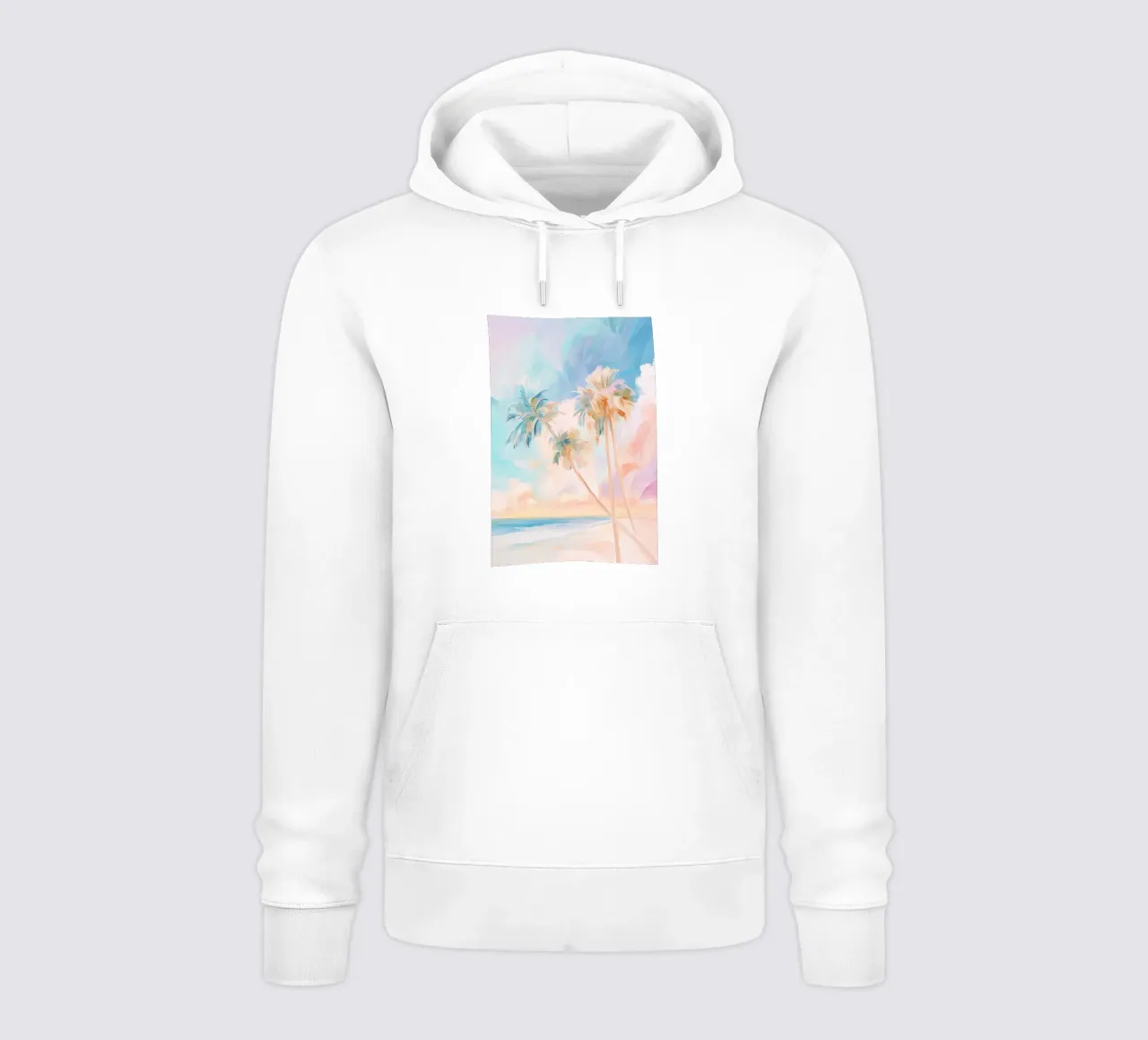 Spiaggia pastello e alberi di cocco felpa con cappuccio da Melloi Art Print