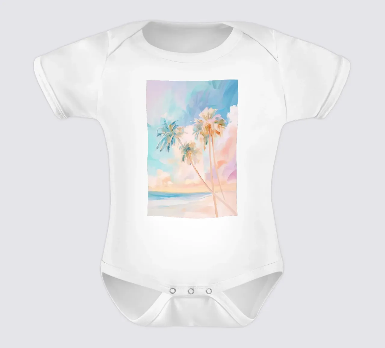 Pastellfarbener Strand und Kokosnussbäume Kurzarm Babybody von Melloi Art Print