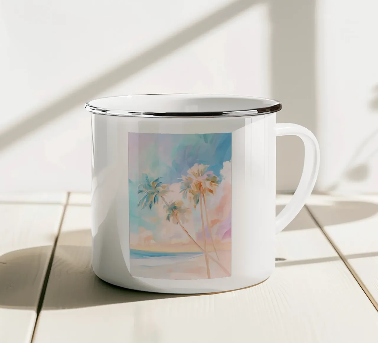 Spiaggia pastello e alberi di cocco tazza in smalto da Melloi Art Print