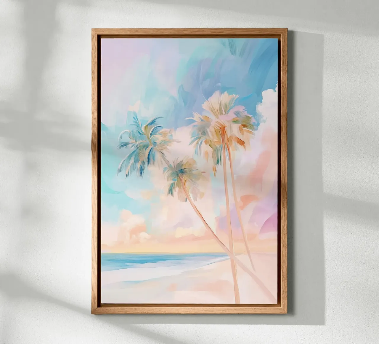Spiaggia pastello e alberi di cocco tela con Cornice a cassetta da Melloi Art Print