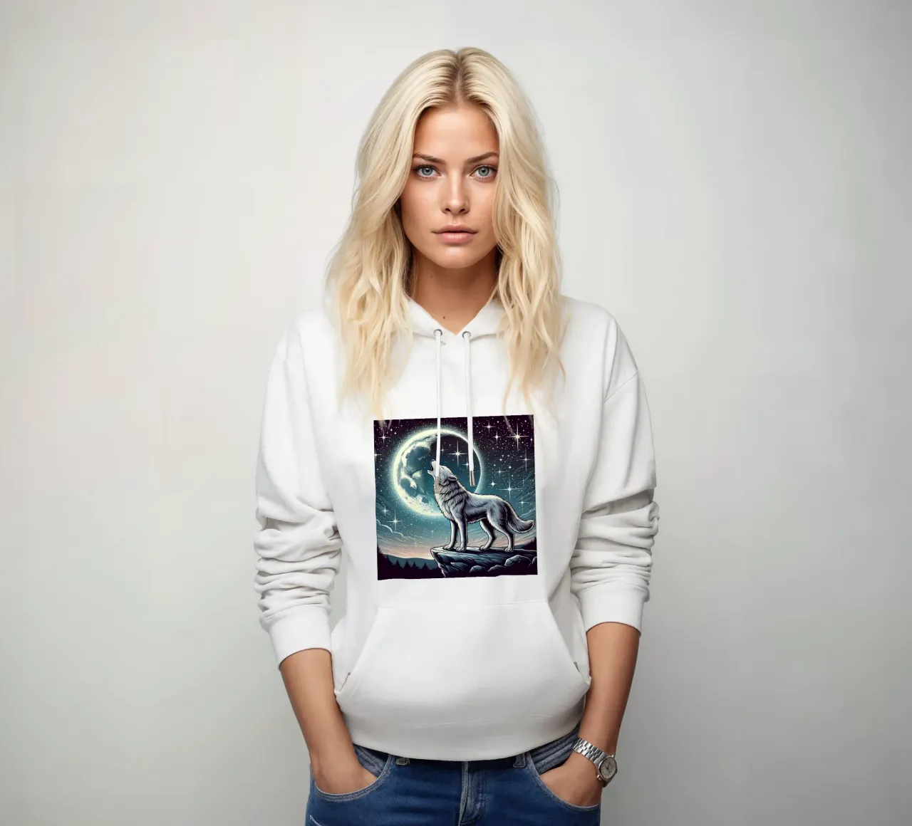 Lupo d'argento che ulula alla luna felpa con cappuccio da FluffyToons