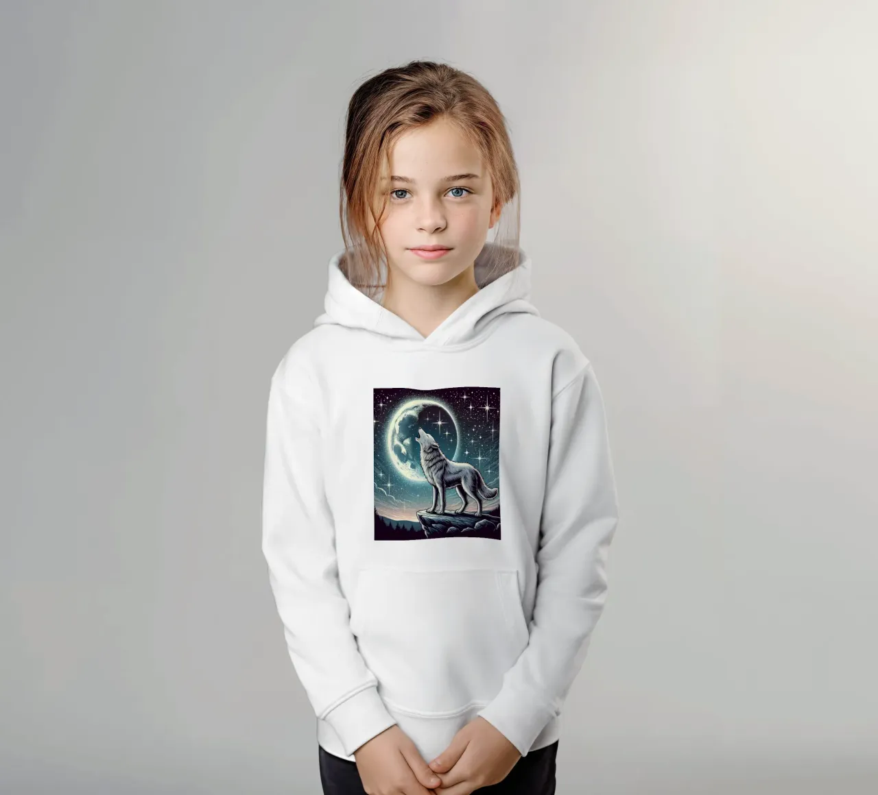 Lupo d'argento che ulula alla luna felpa bambino con cappuccio da FluffyToons