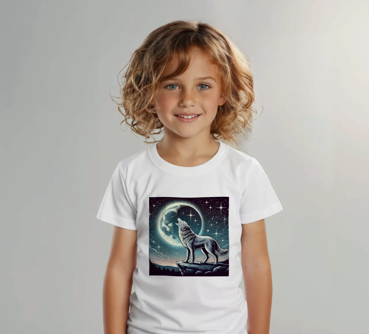 Lupo d'argento che ulula alla luna t-shirt bambini da FluffyToons
