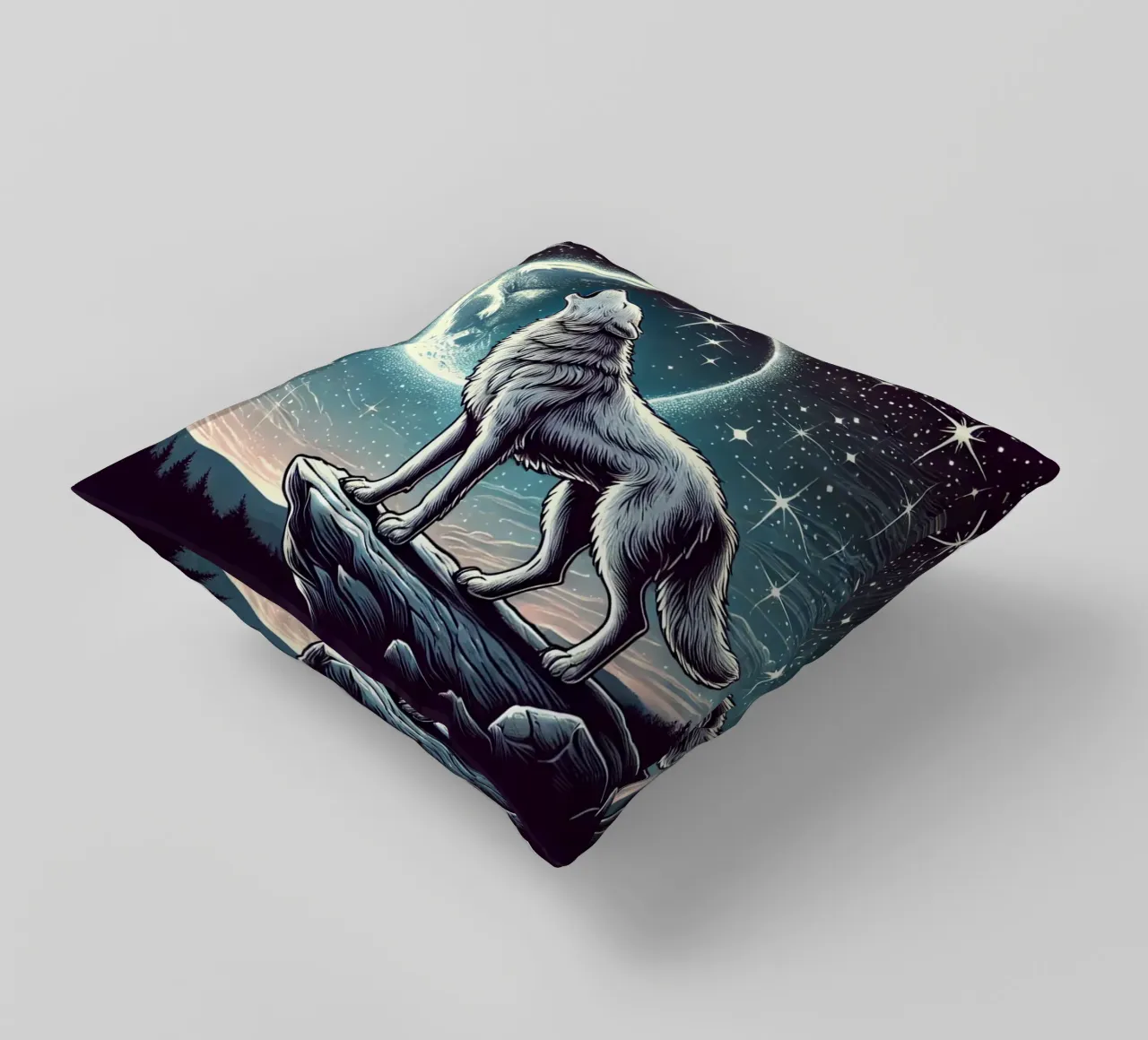 Lupo d'argento che ulula alla luna cuscino da FluffyToons