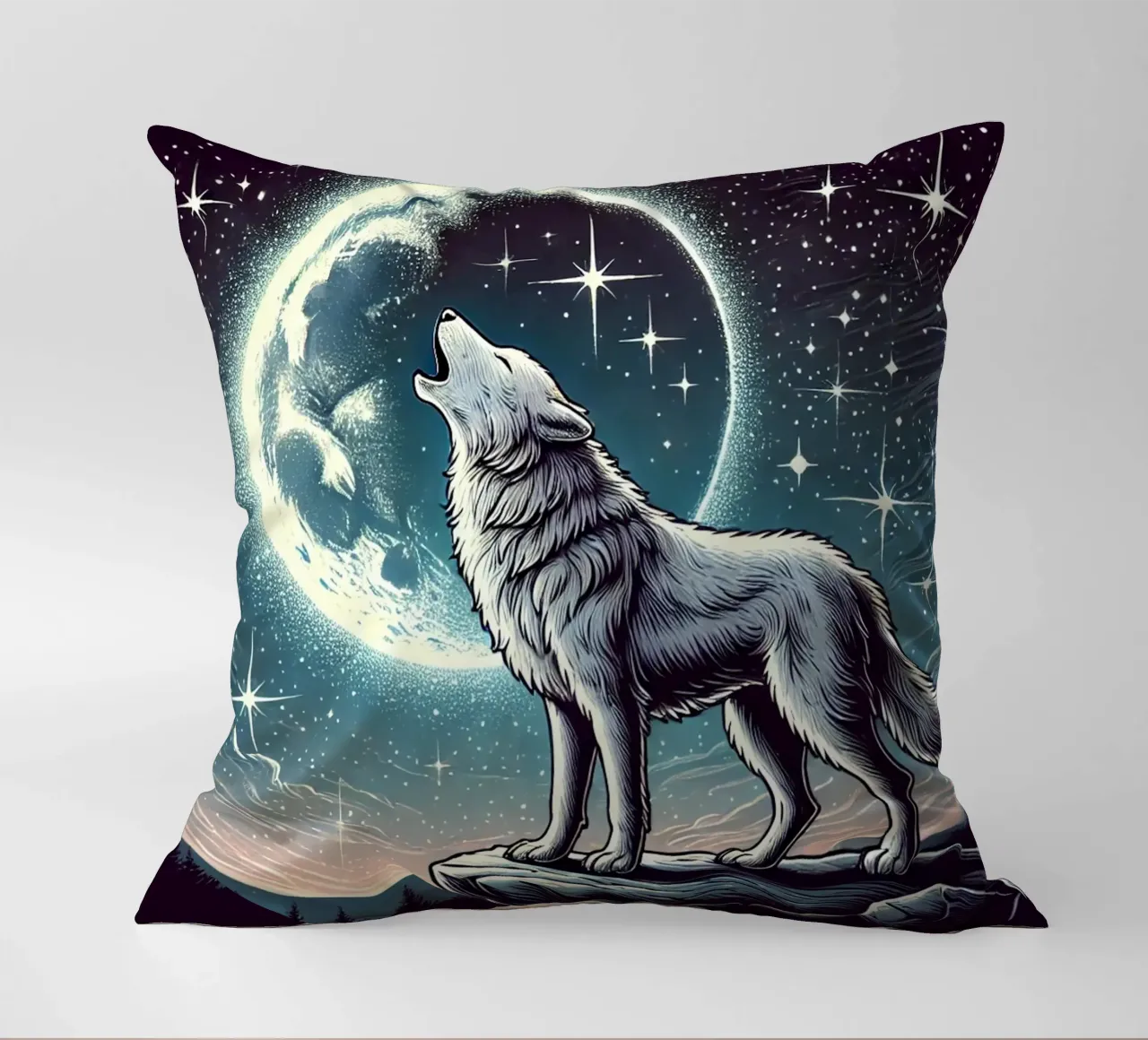 Lupo d'argento che ulula alla luna cuscino da FluffyToons