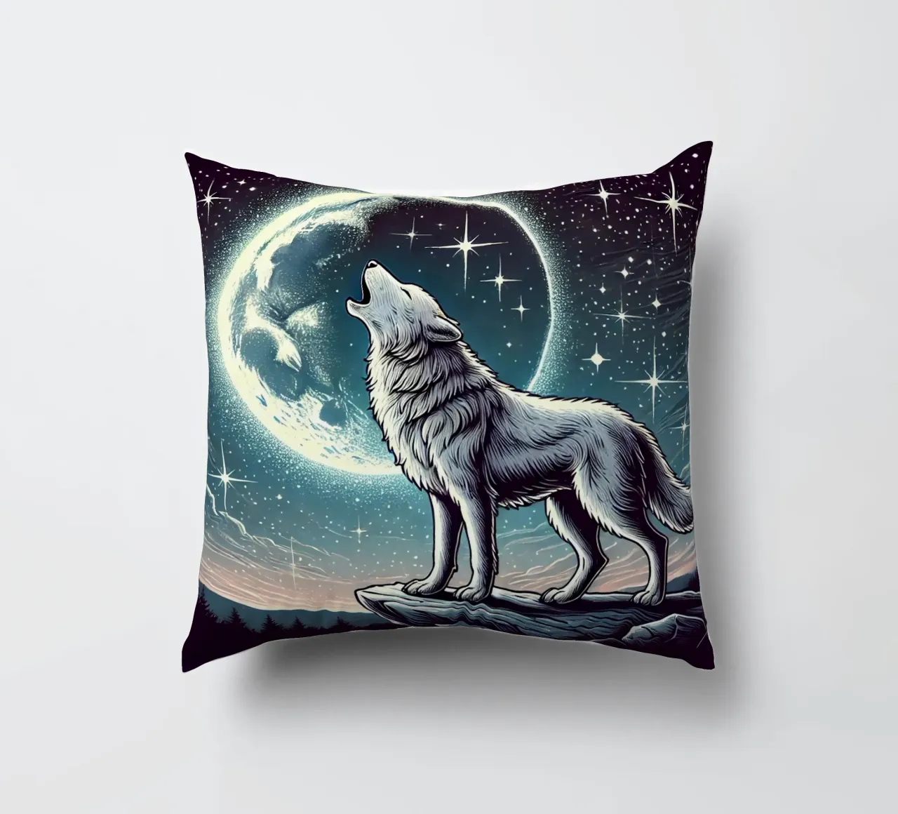 Lupo d'argento che ulula alla luna cuscino da FluffyToons