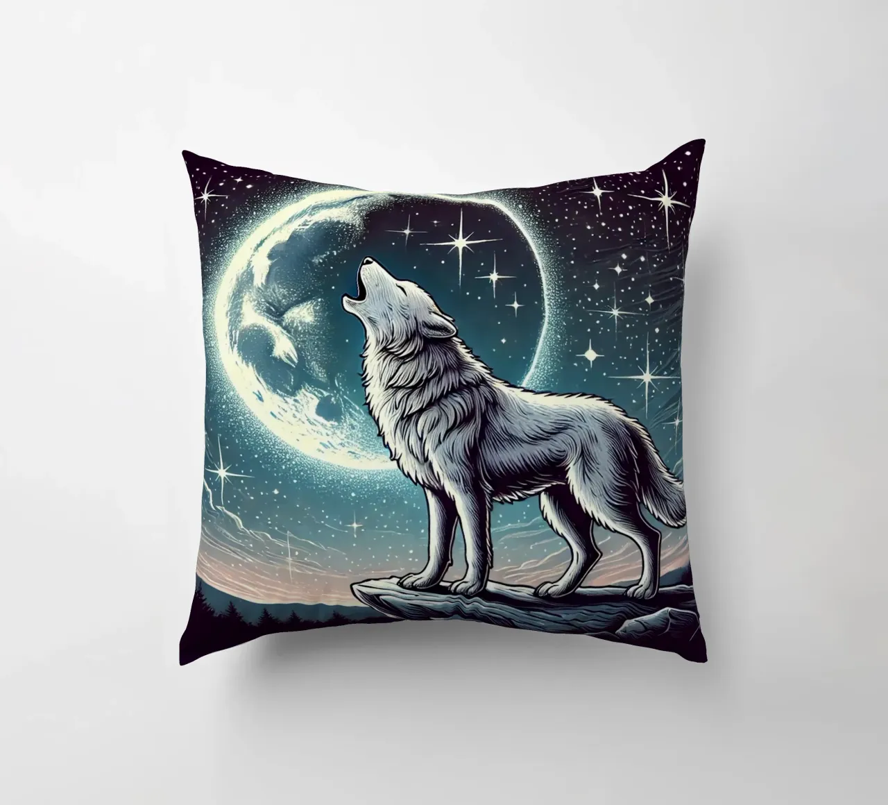 Lupo d'argento che ulula alla luna cuscino da FluffyToons