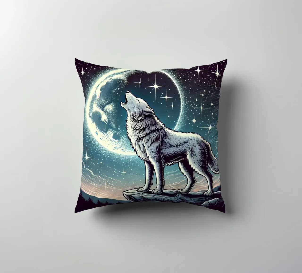 Lupo d'argento che ulula alla luna cuscino da FluffyToons