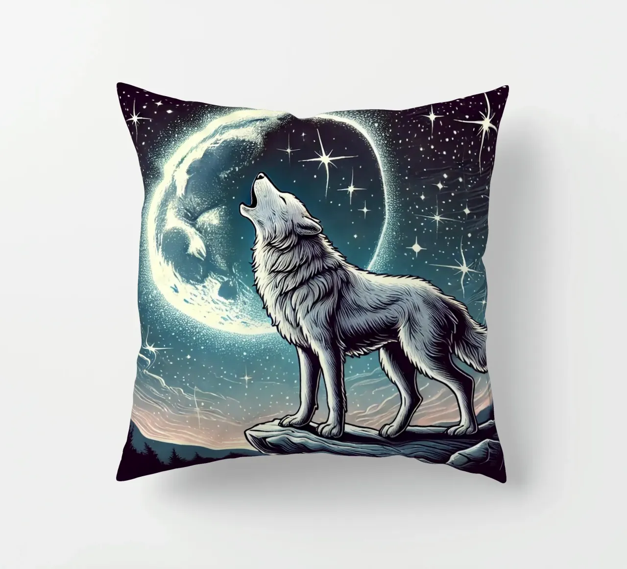 Lupo d'argento che ulula alla luna cuscino da FluffyToons