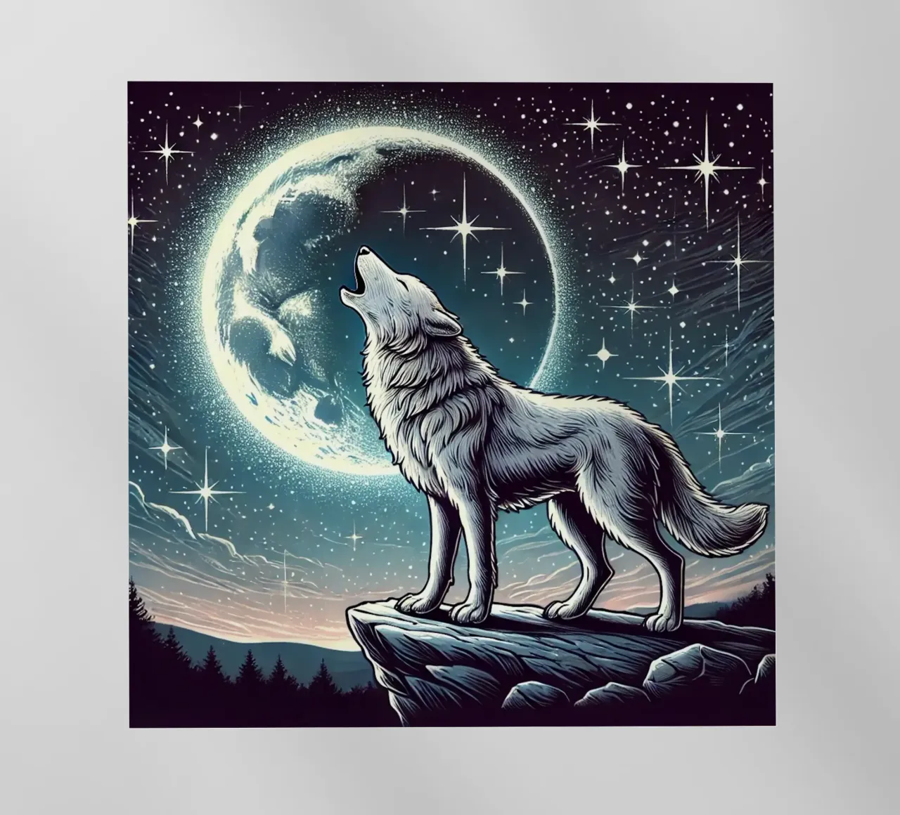 Lupo d'argento che ulula alla luna pellicola backlit da FluffyToons