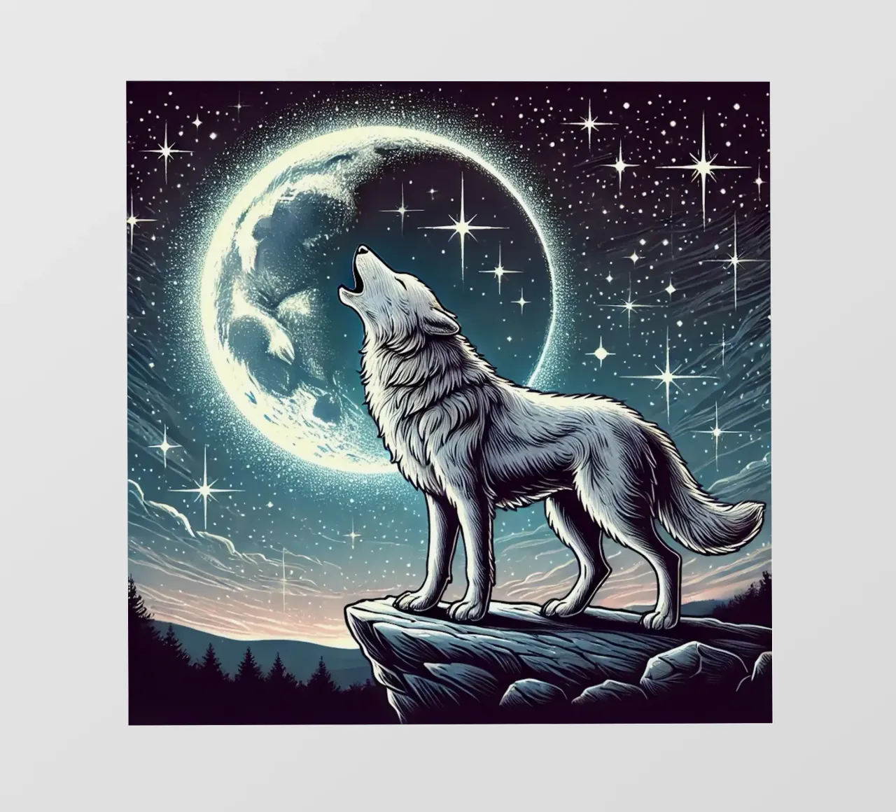 Lupo d'argento che ulula alla luna pellicola backlit da FluffyToons