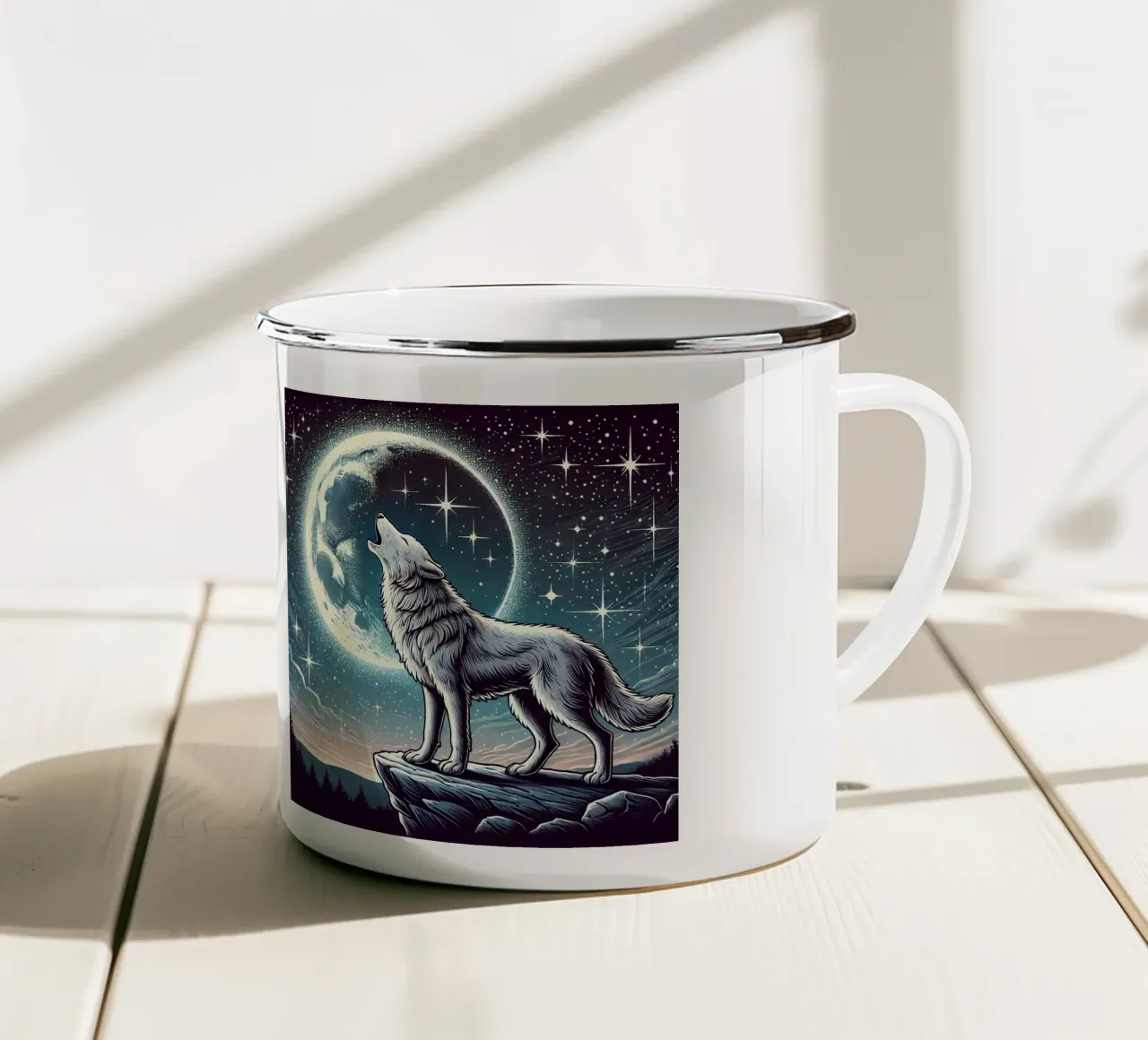 Lupo d'argento che ulula alla luna tazza in smalto da FluffyToons