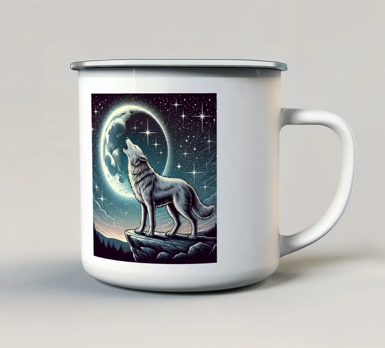 Lupo d'argento che ulula alla luna tazza in smalto da FluffyToons