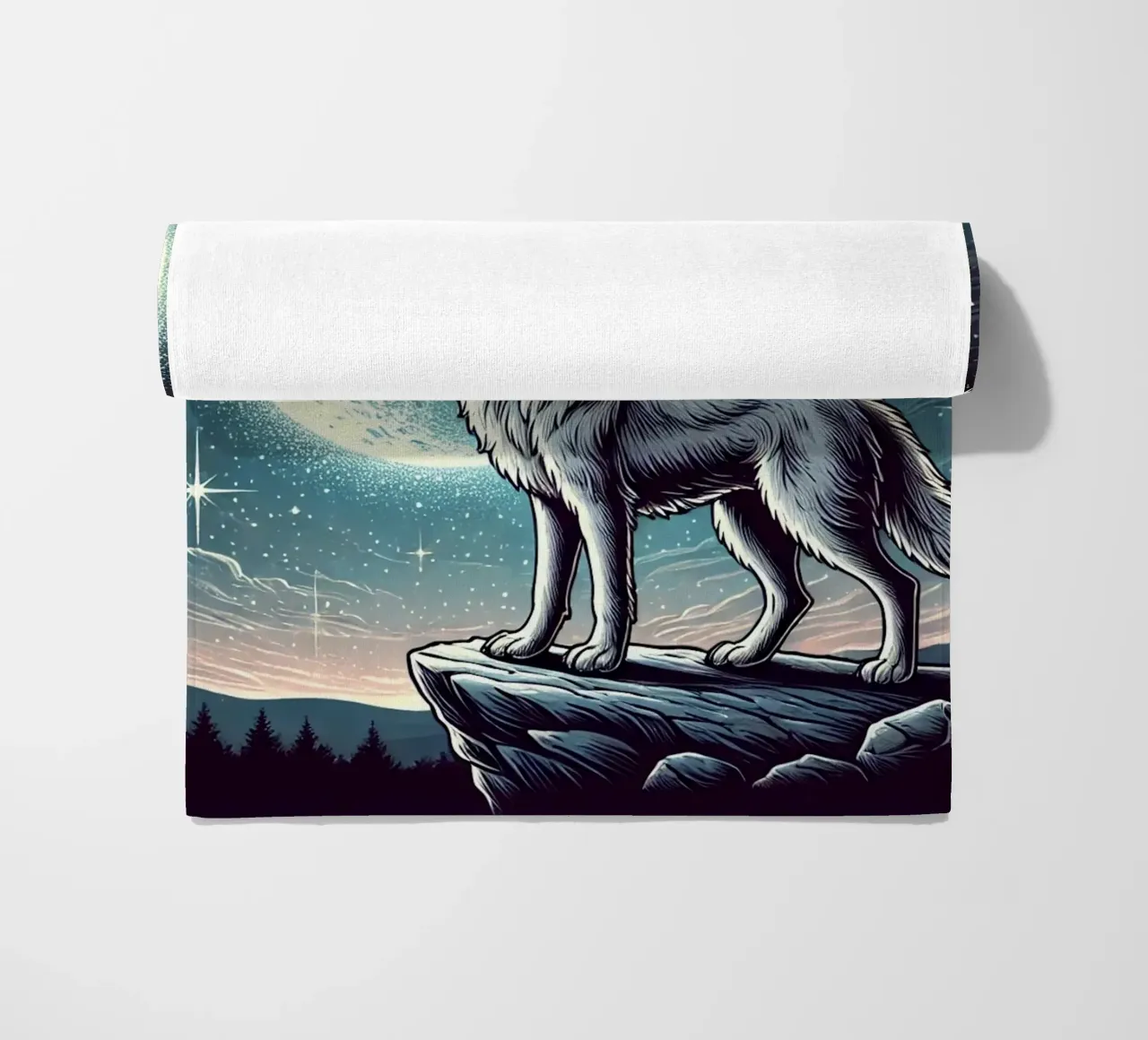 Lupo d'argento che ulula alla luna telo mare da FluffyToons
