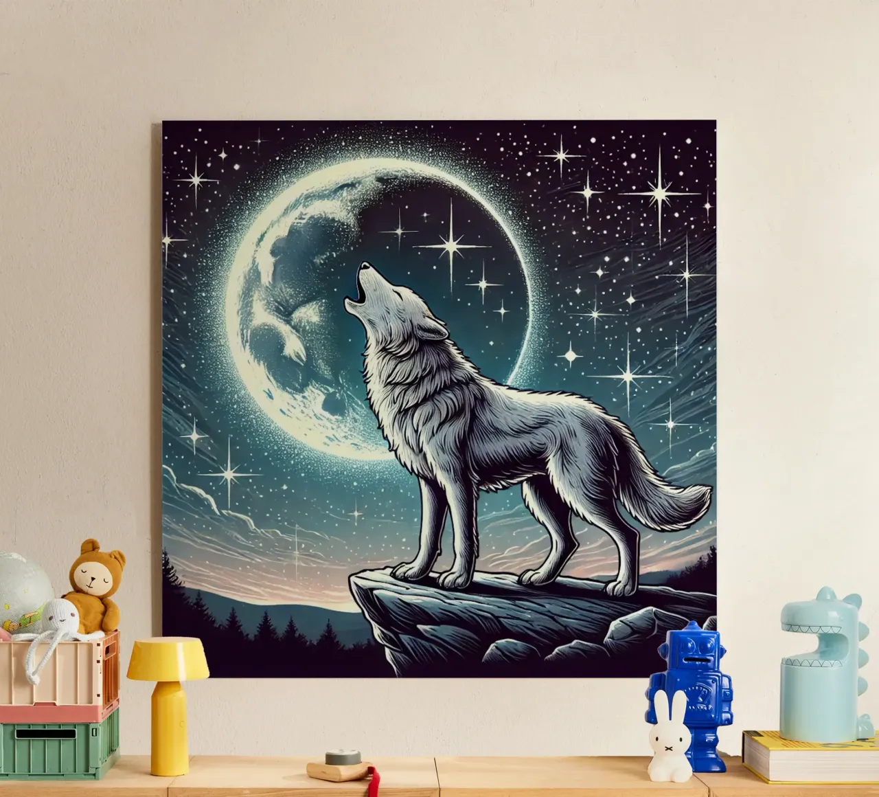 Lupo d'argento che ulula alla luna plexiglass da FluffyToons