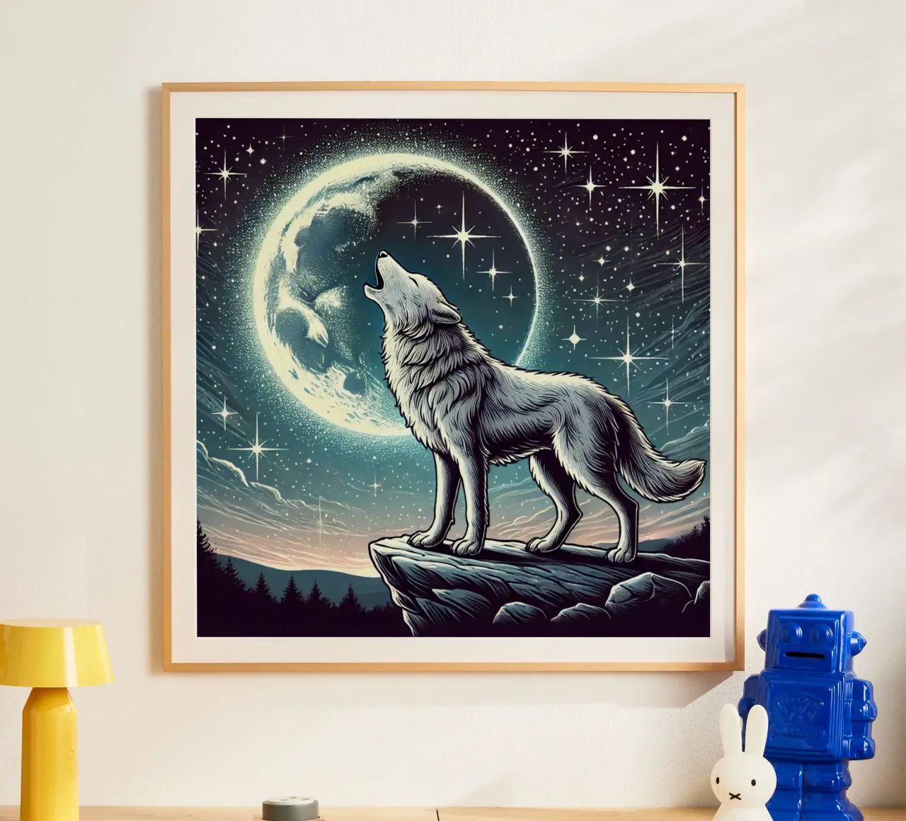 Lupo d'argento che ulula alla luna poster da FluffyToons