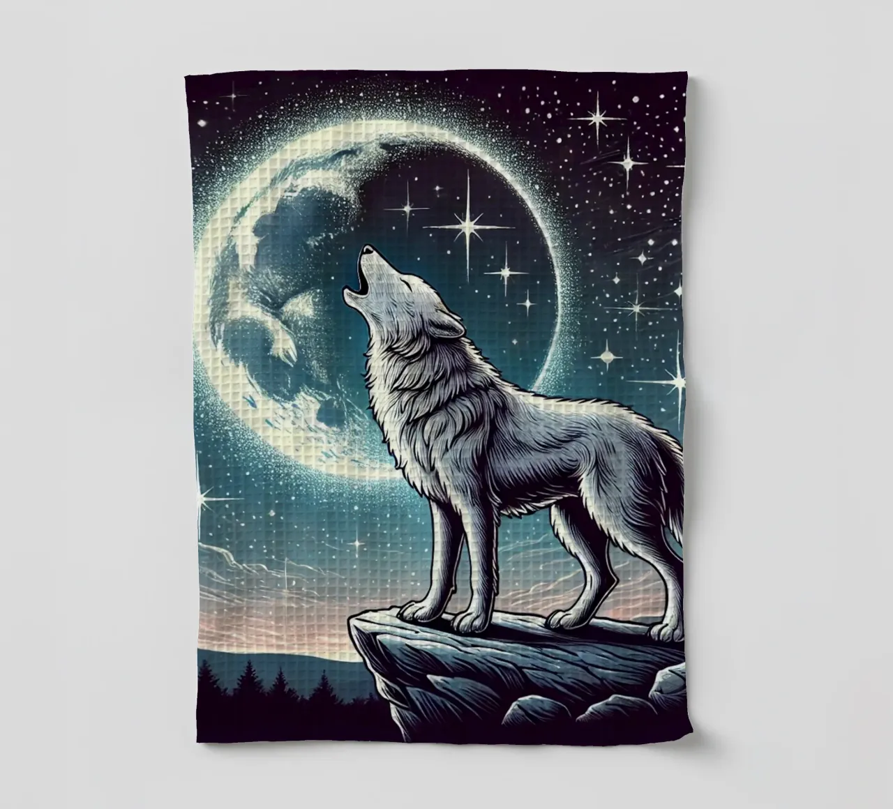 Lupo d'argento che ulula alla luna canovaccio da cucina da FluffyToons