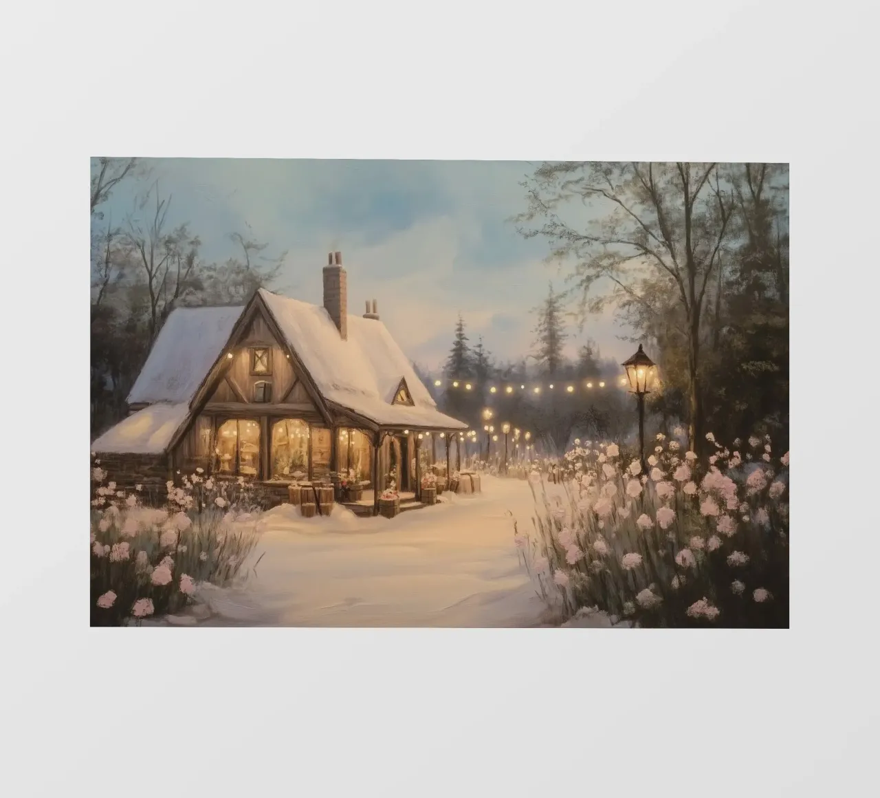 Accogliente cottage invernale al tramonto telo in pvc da Melloi Art Print
