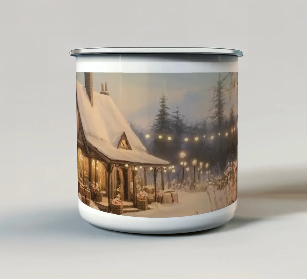 Accogliente cottage invernale al tramonto tazza in smalto da Melloi Art Print