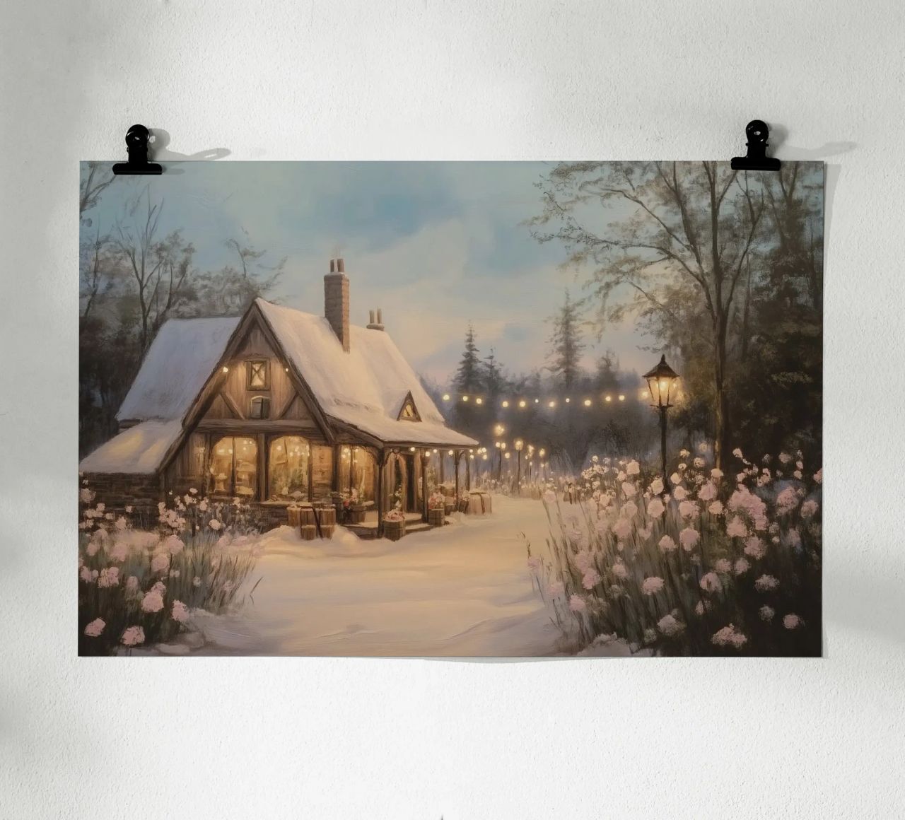Gemütliches Winterhaus in der Abenddämmerung Poster von Melloi Art Print