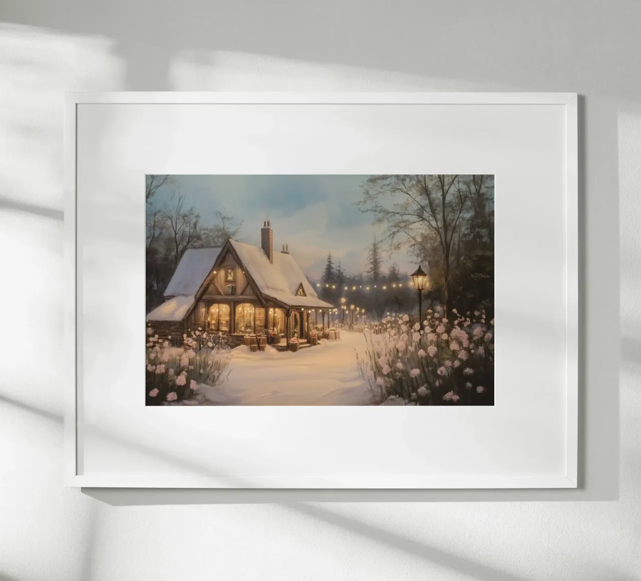 Acogedora cabaña de invierno al atardecer poster de Melloi Art Print