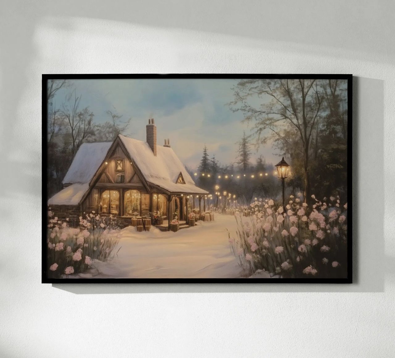 Gemütliches Winterhaus in der Abenddämmerung Poster von Melloi Art Print