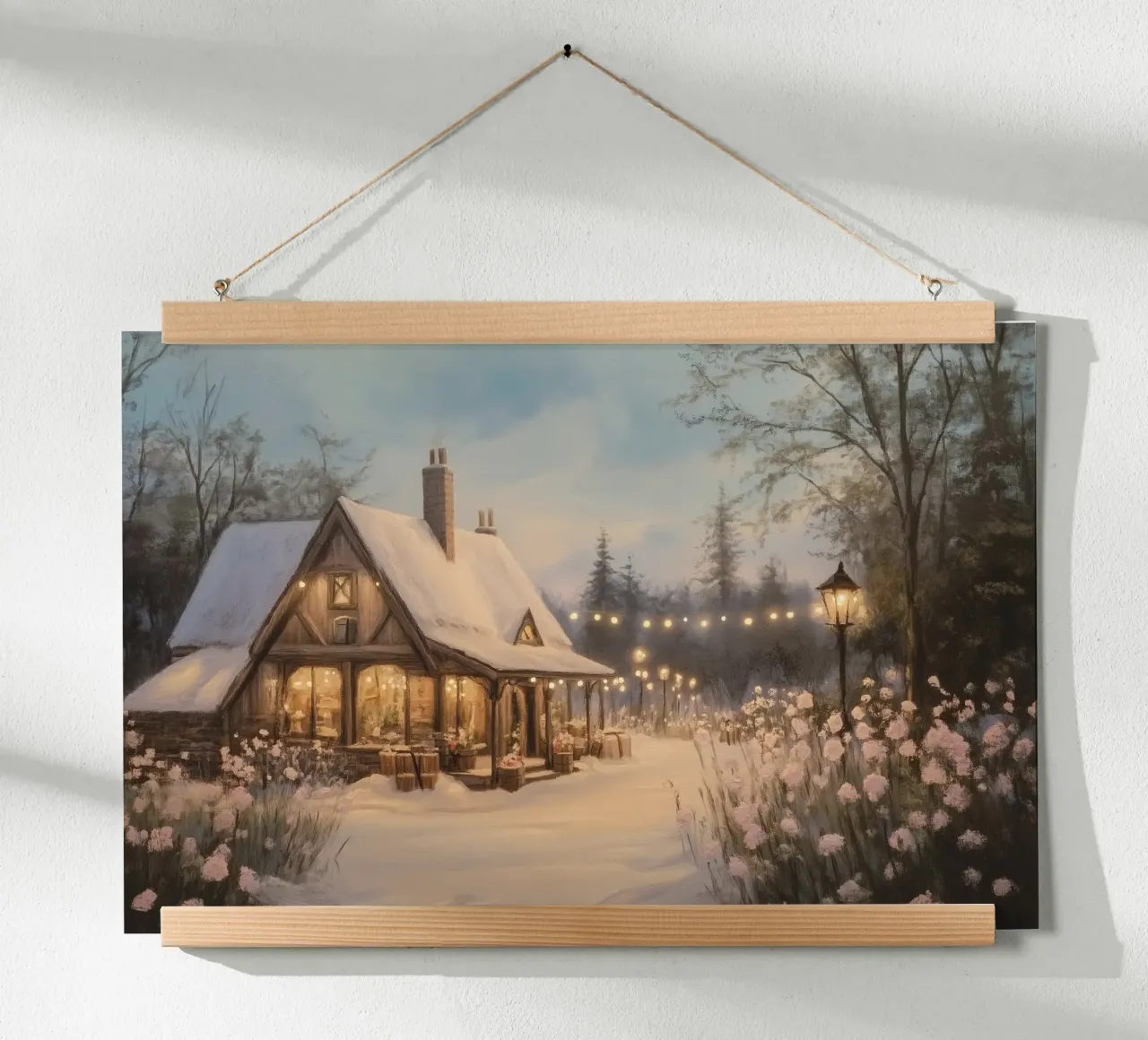 Acogedora cabaña de invierno al atardecer poster de Melloi Art Print