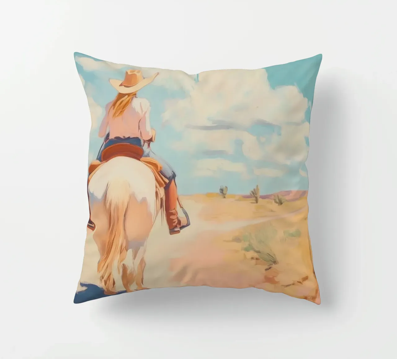 Cavalcata nel deserto occidentale cuscino da Melloi Art Print