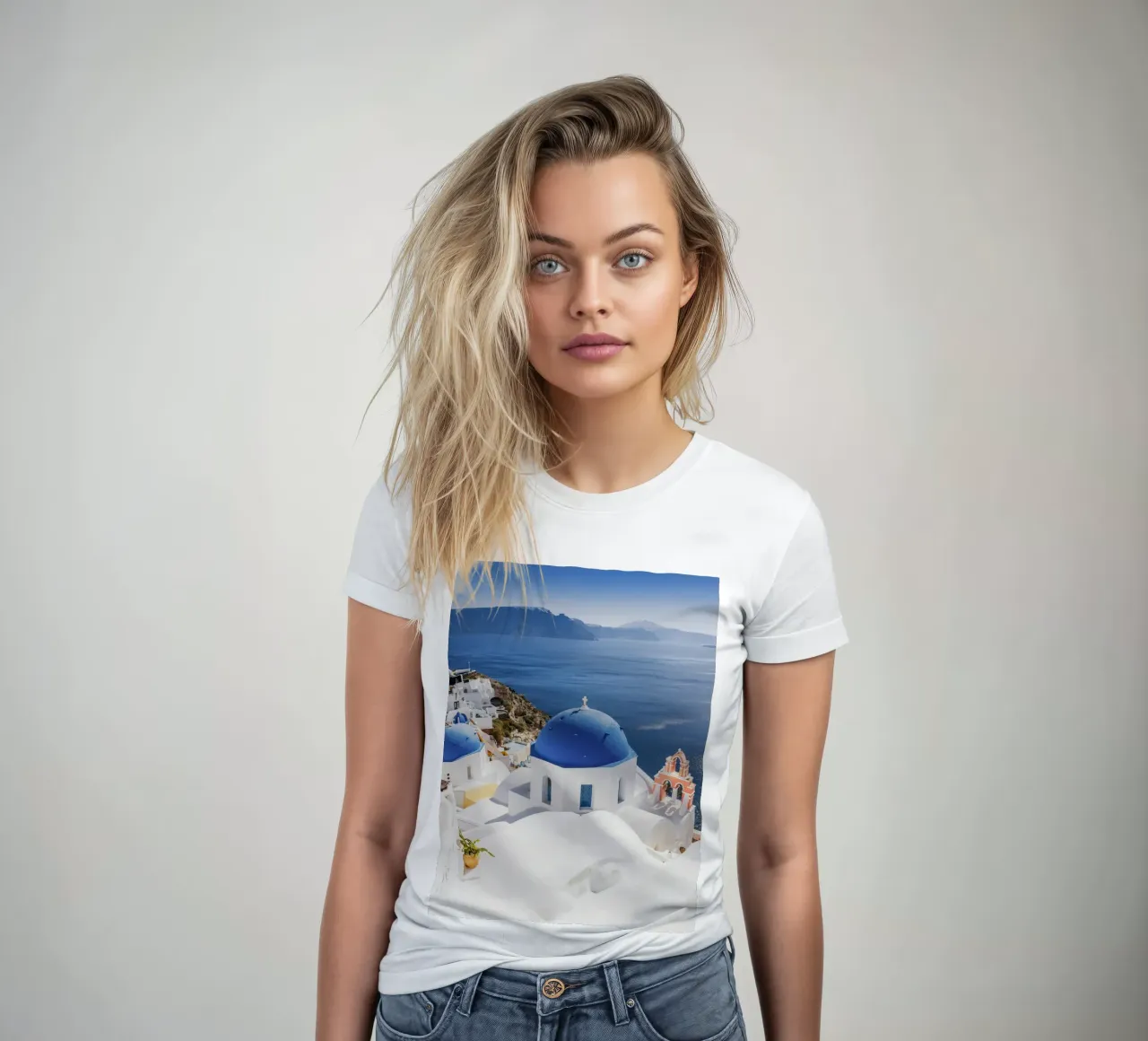 Santorini Greece, Greek Islands Travel Poster women's fitted t-shirt by TheTravelClub