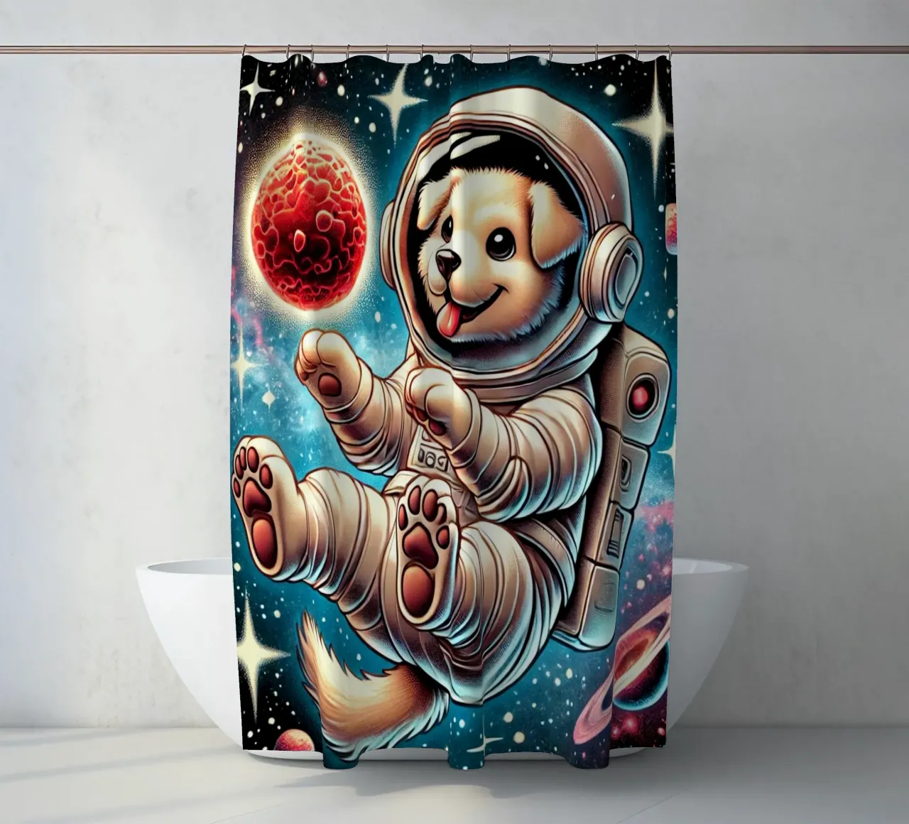 Cosmic Pup Adventure shower curtain by FluffyToons