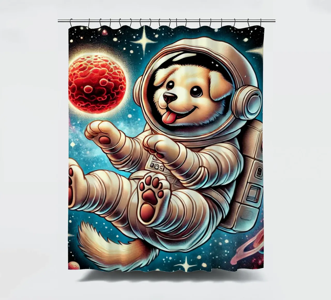 Cosmic Pup Adventure shower curtain by FluffyToons