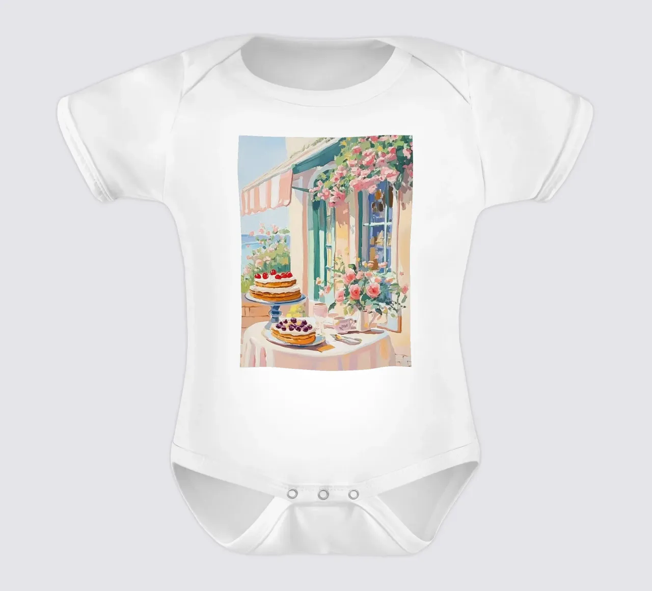 Tavolo da dessert di un caffè francese body neonato maniche corte da Melloi Art Print