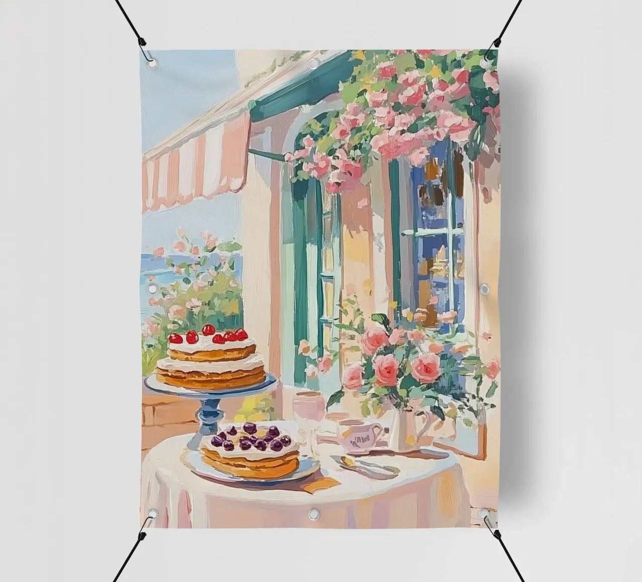 Tavolo da dessert di un caffè francese telo in pvc da Melloi Art Print