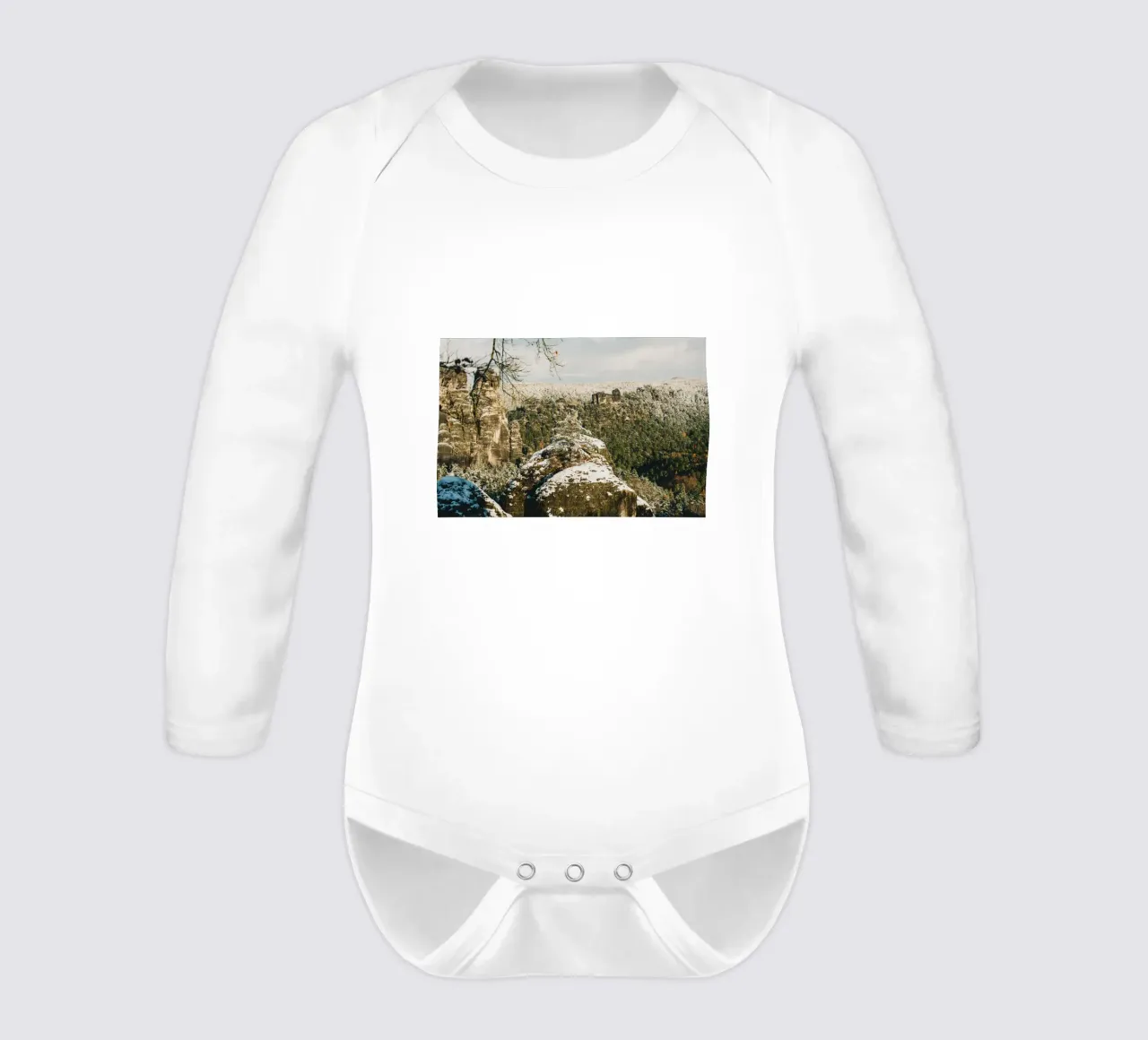 Winter in Saxon Switzerland - Snow in the mountains long-sleeve baby romper by Bold and Retro